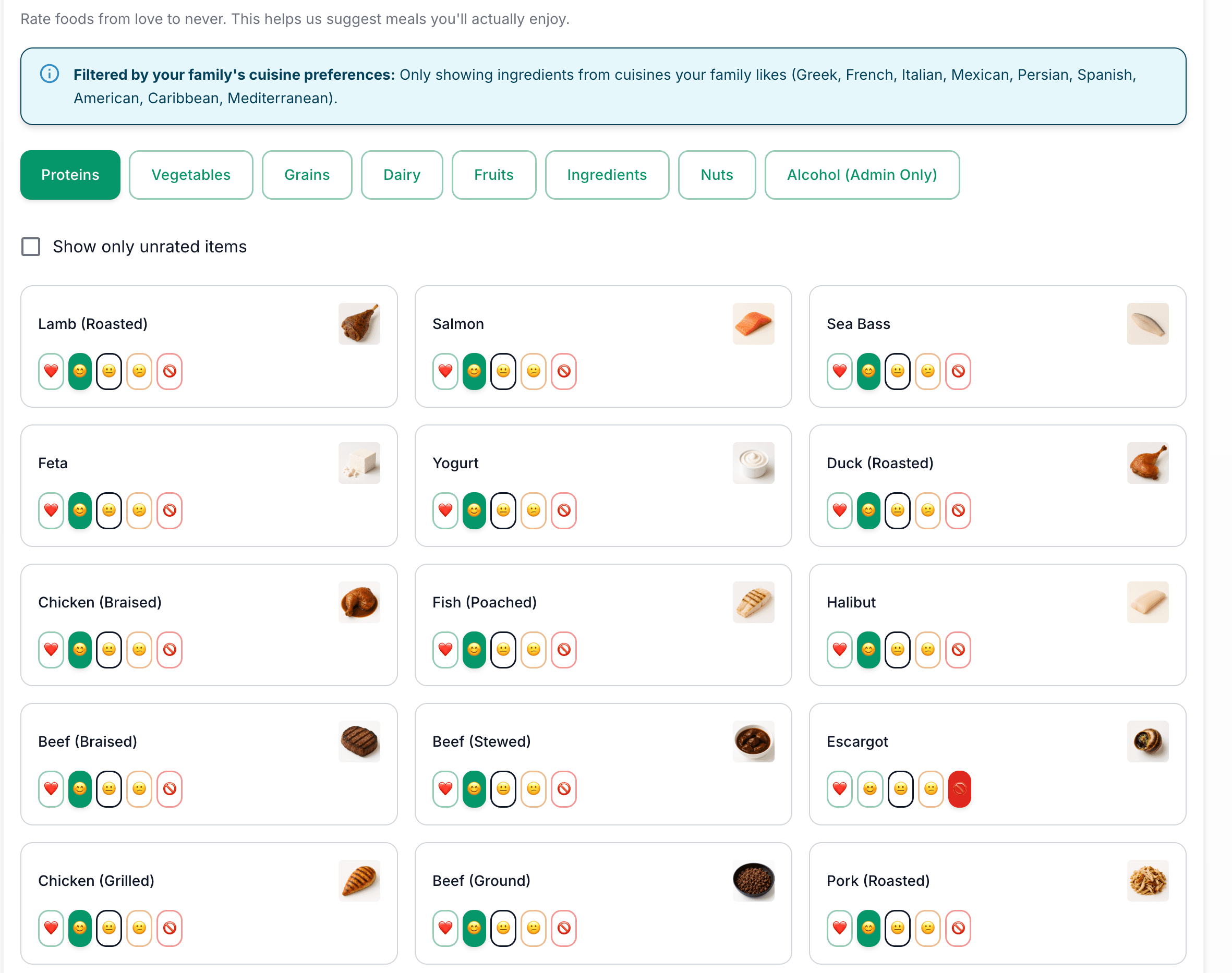 Food preference rating with images - rate foods from love to never