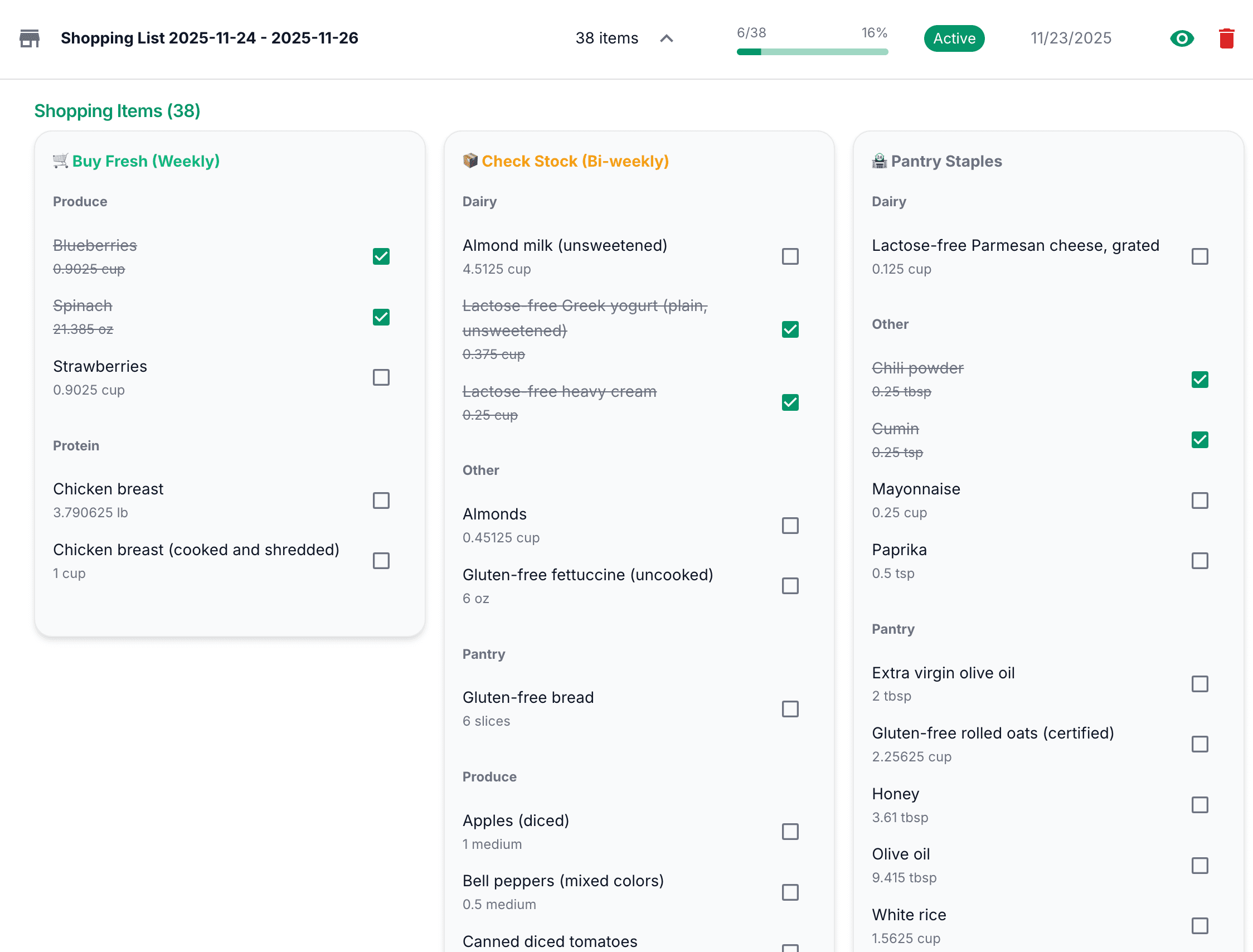 Smart shopping list organized by purchase frequency